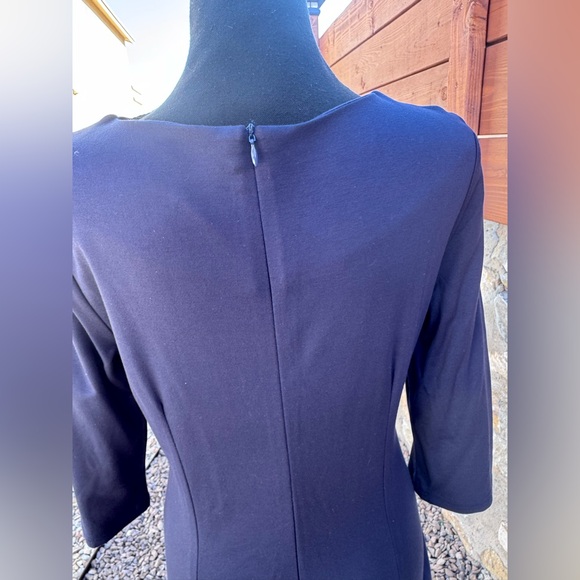 HOMEEYE Navy Blue Ruched Sheath Dress Large 3/4 Sleeve Bodycon Work EXCELLENT - Picture 10 of 13